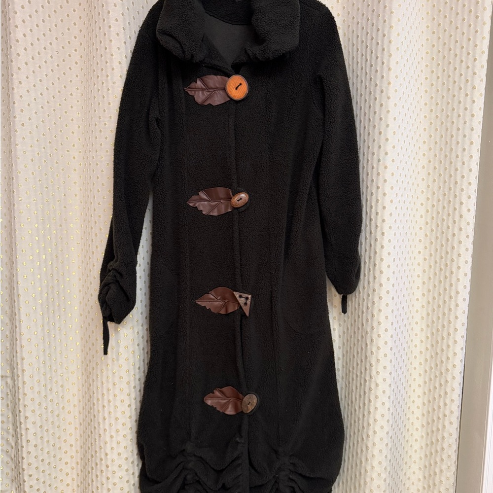Lee Andersen black Fleece Long Jacket Leather Leaves Drawstring Hemline